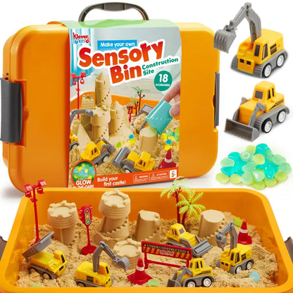 Construction Themed Sensory Bin With Glow In The Dark Rocks