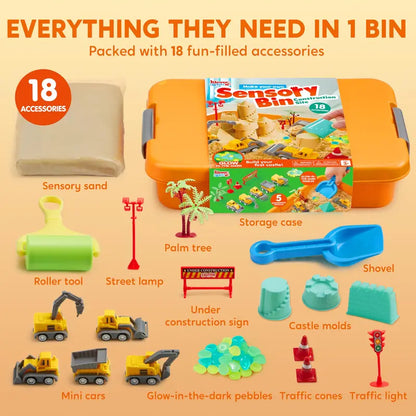 Construction Themed Sensory Bin With Glow In The Dark Rocks