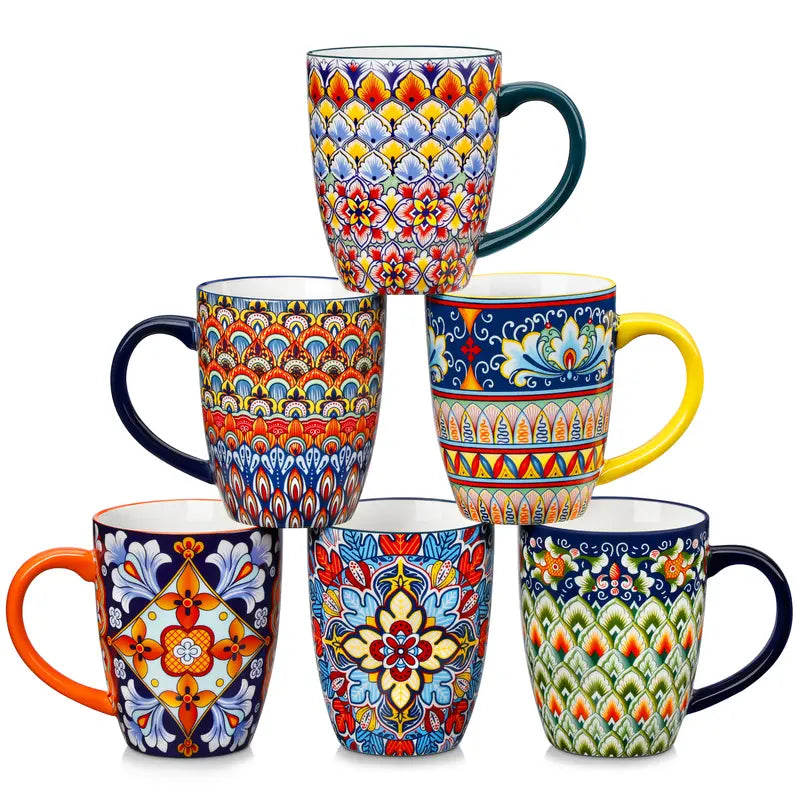 Pack Of 6 Bohemian Style Porcelain Coffee Mugs