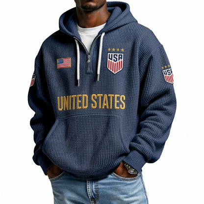 United States Printed Waffle Quarter Zip Football Fan Hoodie