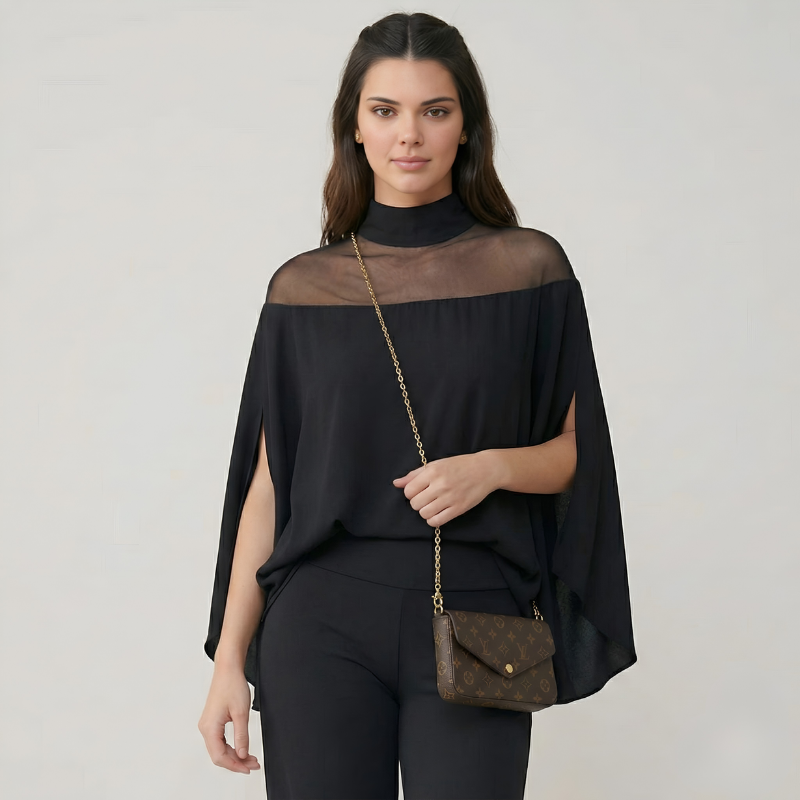 Mesh Yoke Batwing Sleeve Loose Fit Top For Women