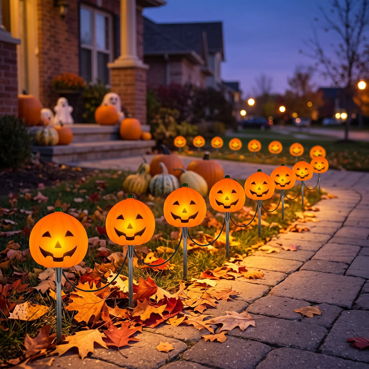 Jack-o-lantern stake lights glowing along a leaf-strewn front path at dusk, with pumpkins on the porch behind