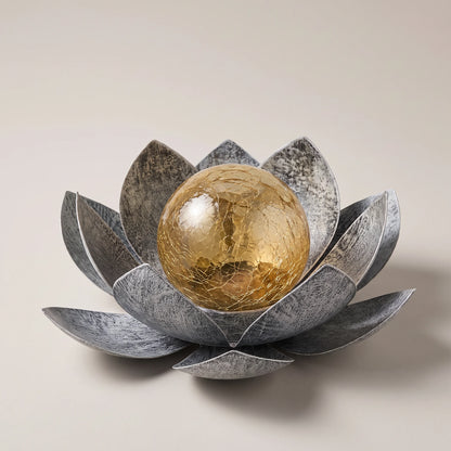 Pewter metal lotus with amber crackle-glass globe