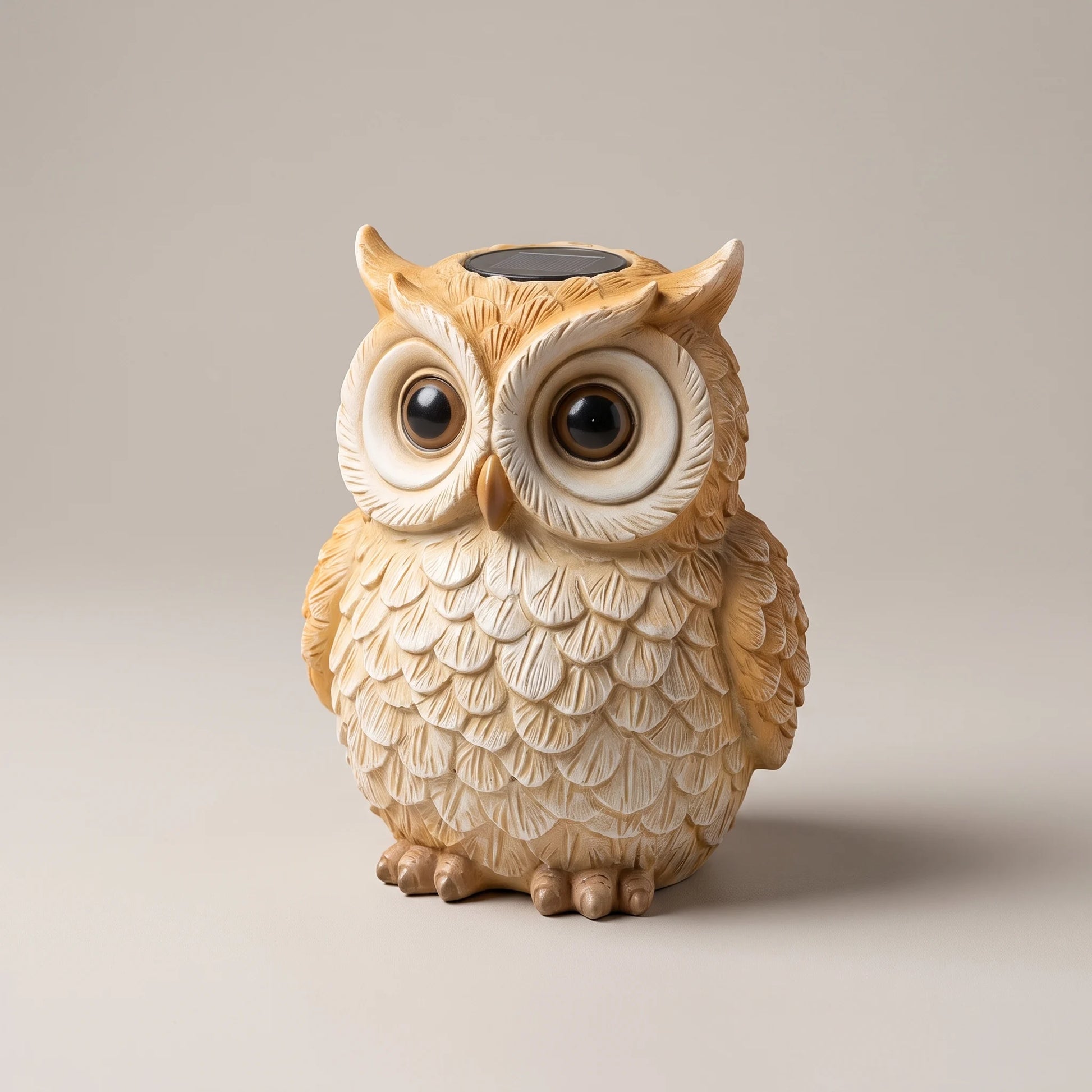 Solyra hand-finished resin solar owl light, studio product photo