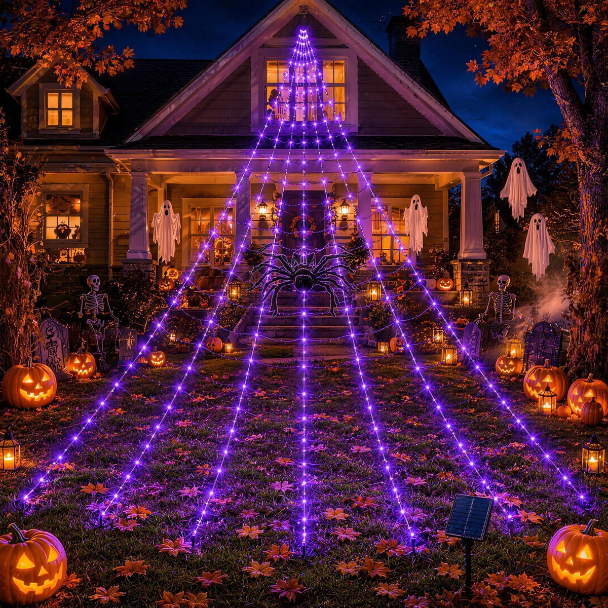 Purple solar spider web light hung from the gable of a house, nine lit lines with a black spider at the centre