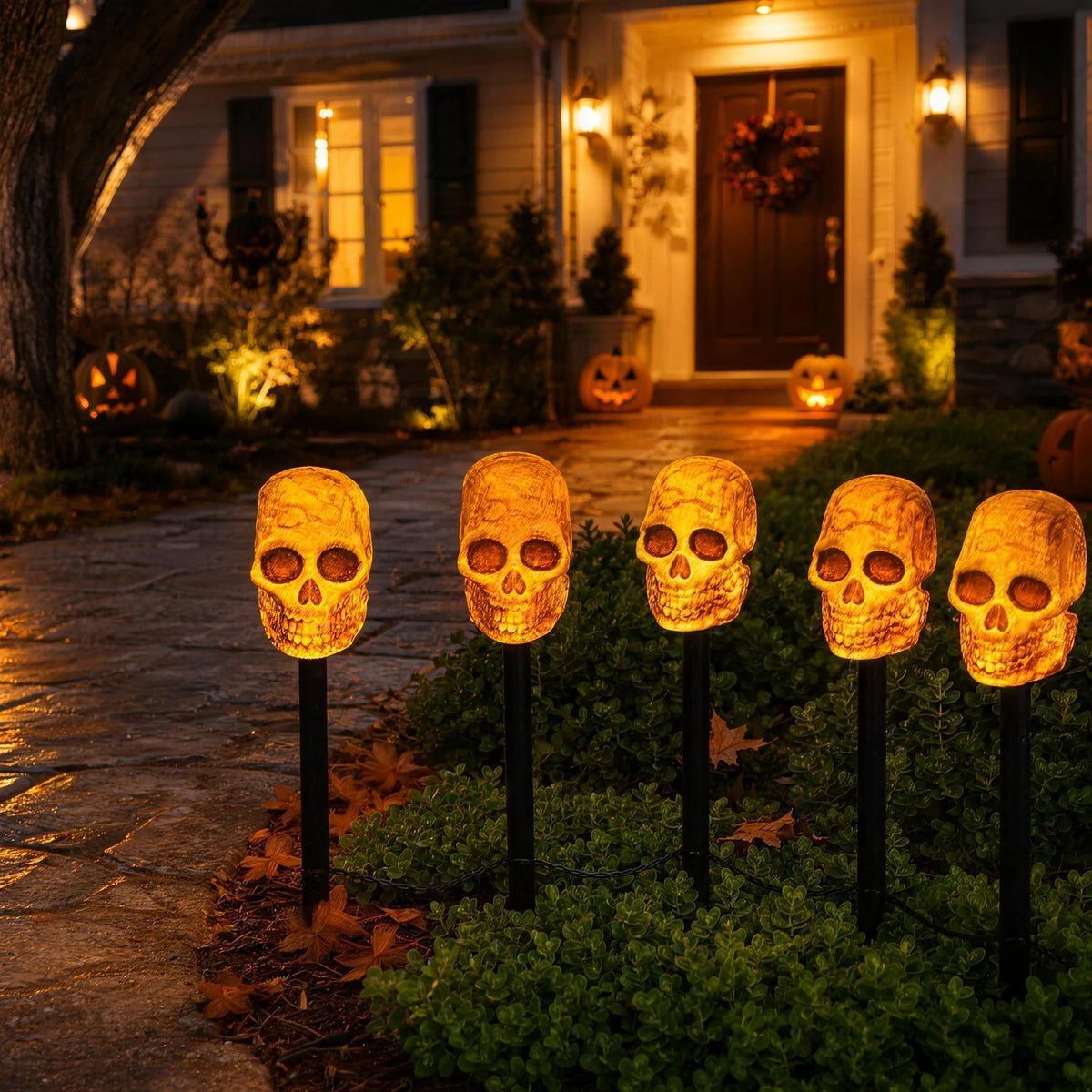 Five lit skull stake lights lining a stone path to a house doorway at night, with carved pumpkins on the porch