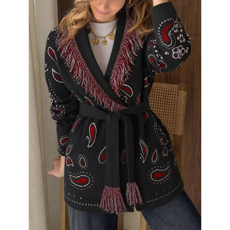Cicy Bell sohochic Womens Cardigan Sweater Long Sleeve Fringe V Neck Printed Open Front Boho Patchwork Bleted Knit Coats