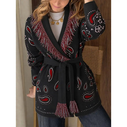 Cicy Bell sohochic Womens Cardigan Sweater Long Sleeve Fringe V Neck Printed Open Front Boho Patchwork Bleted Knit Coats