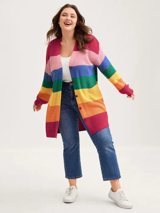 BloomChic Women's Bold Colorblock Oversized V-Neck Acrylic Cardigan - Casual Drop-Shoulder Full-Sleeve Button-Front Garment, Plussize, Multicolor, Quick On-Off Drape Knitwear Fabric, Low Iron Casual Fashion Jumper，SohoChic