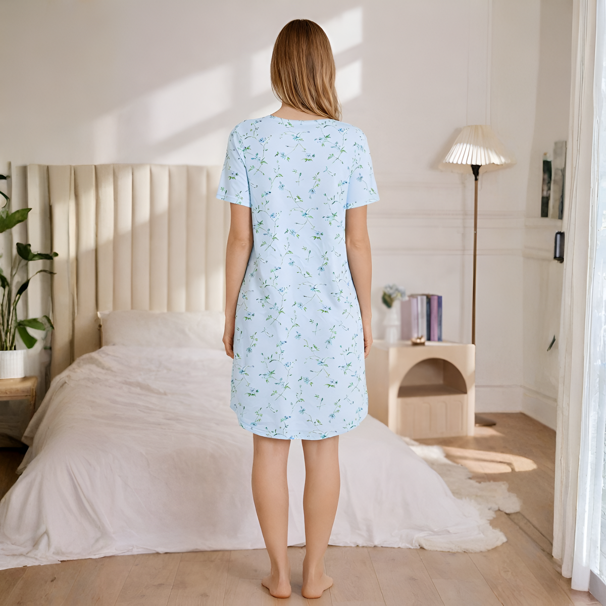 Short Sleeve Pleated Floral Nightgown For Women