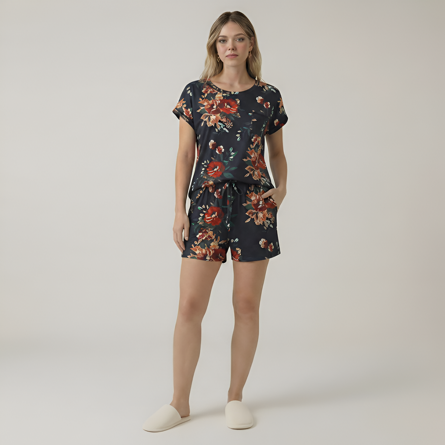 Short Sleeve Pajama Set With Contrast Piping And Pocket