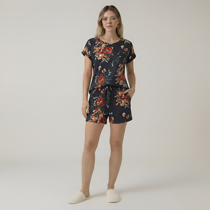 Short Sleeve Pajama Set With Contrast Piping And Pocket