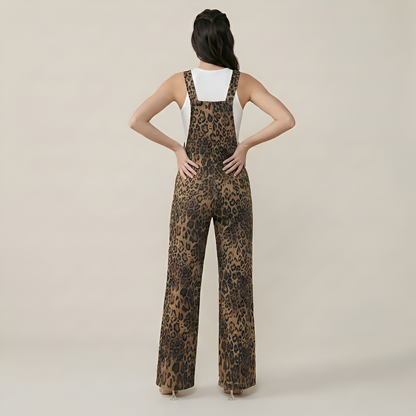 Leopard Pattern Bib Style Flared Jumpsuit