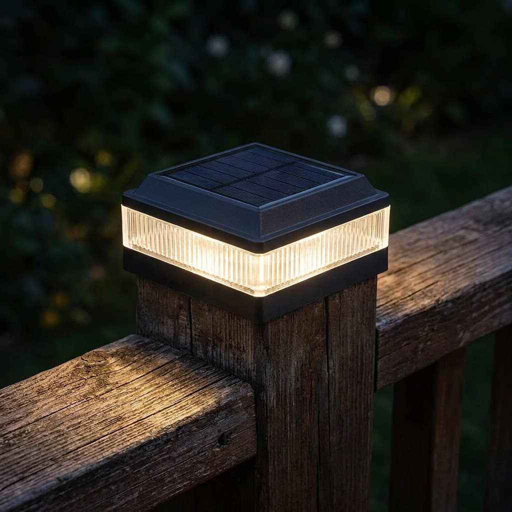 Black solar post cap light glowing on a timber fence rail
