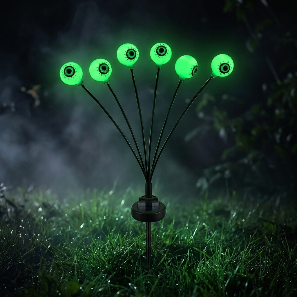 Single solar eyeball light stake, six glowing green eyes