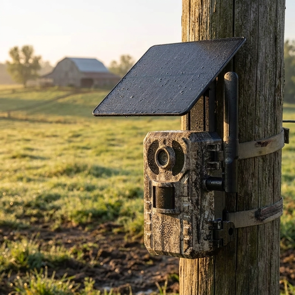 Solar Cellular Camera mounted on a fence post overlooking a field