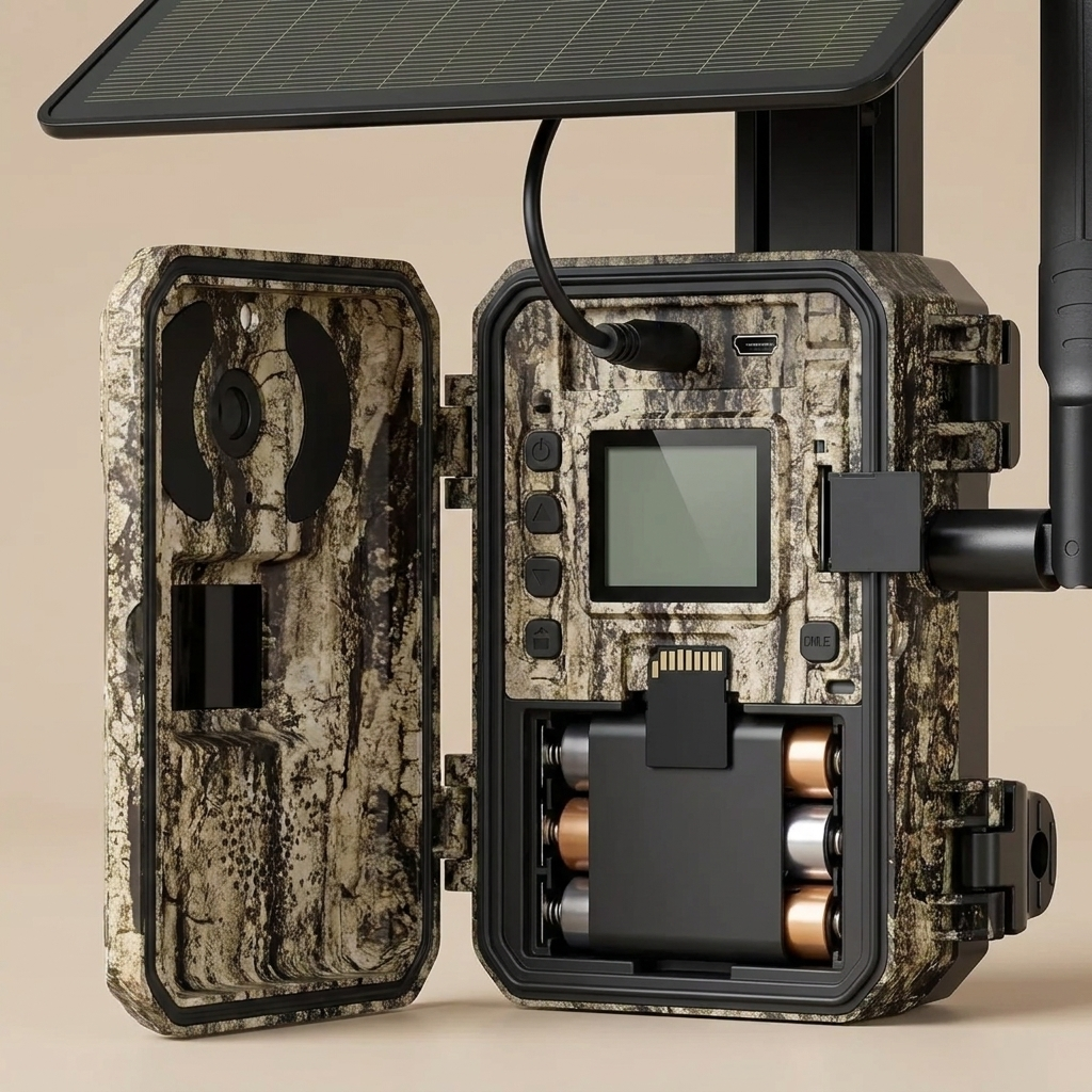Solar Cellular Camera open, showing display, battery bay and SIM slot