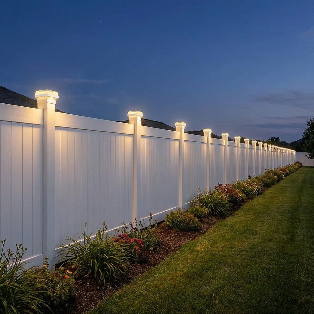 Row of solar post cap lights along a white vinyl fence at night
