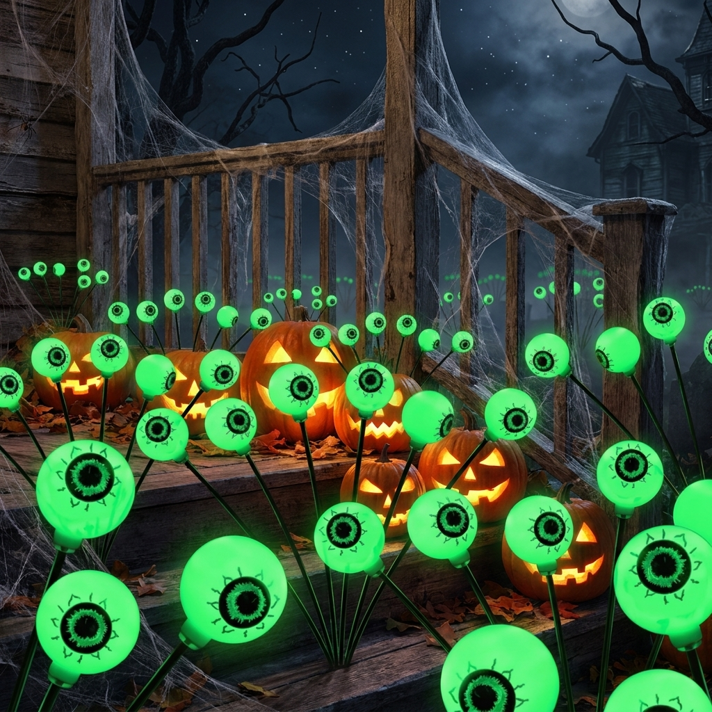 Eyeball light stakes on a porch with carved pumpkins
