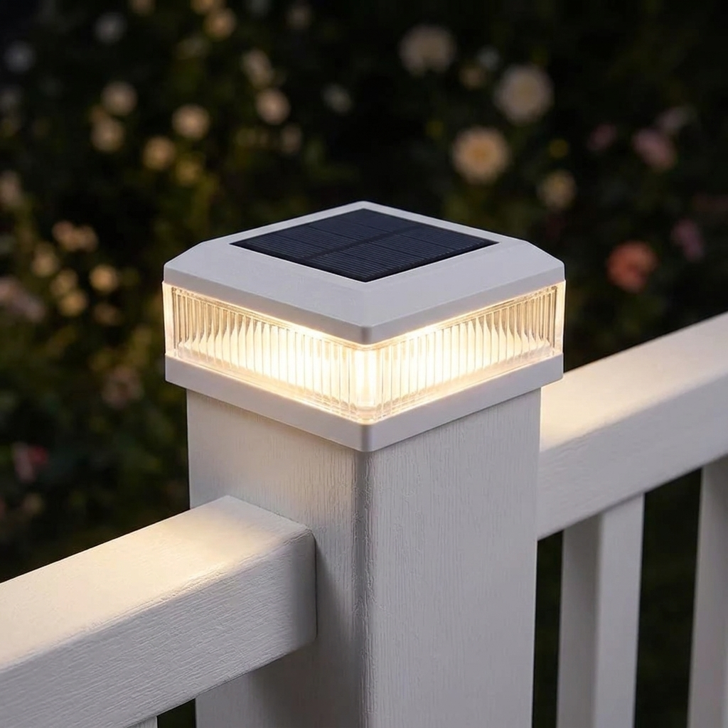 White solar post cap light glowing on a white vinyl fence post