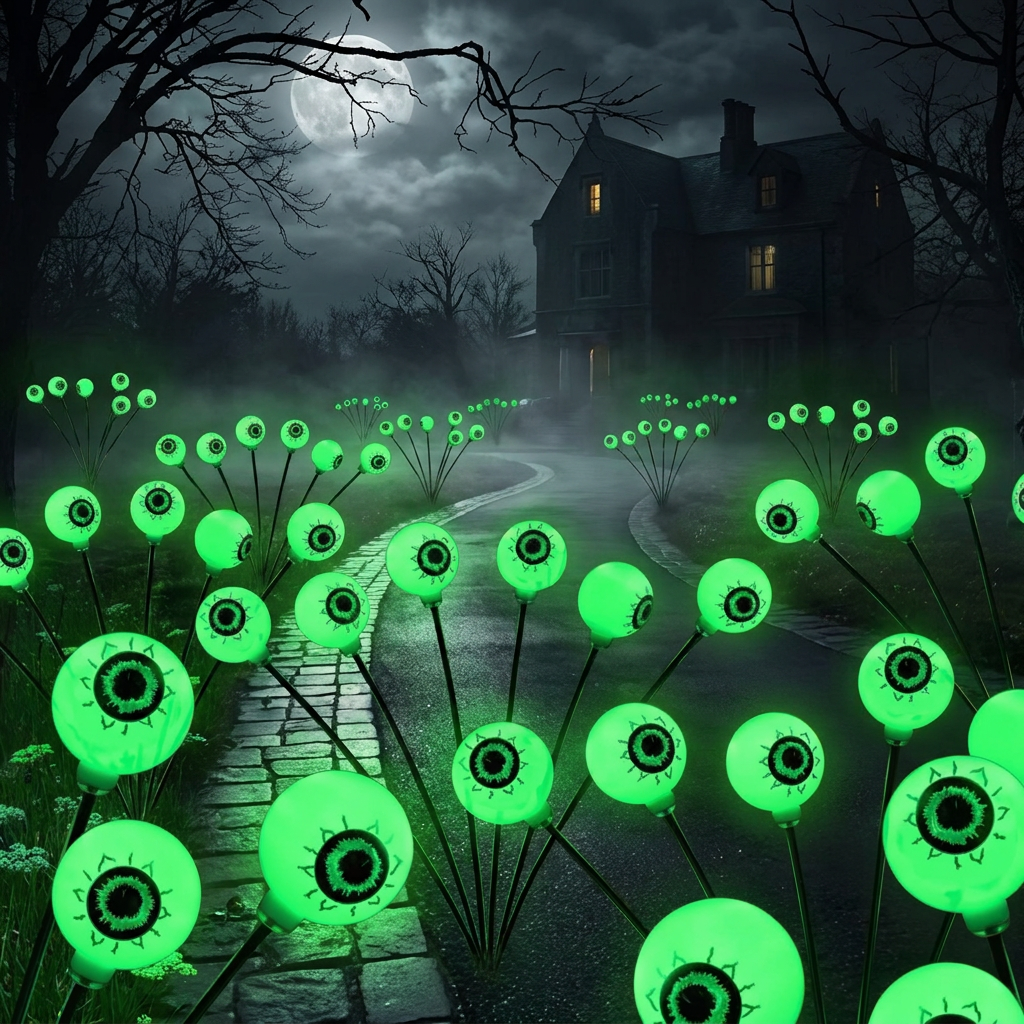 Eyeball light stakes lining a garden path at night