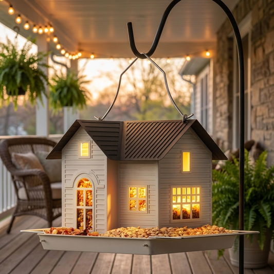 Solar bird house feeder hanging from a shepherd's hook on a porch at sunset, windows glowing warm and the tray filled with seed