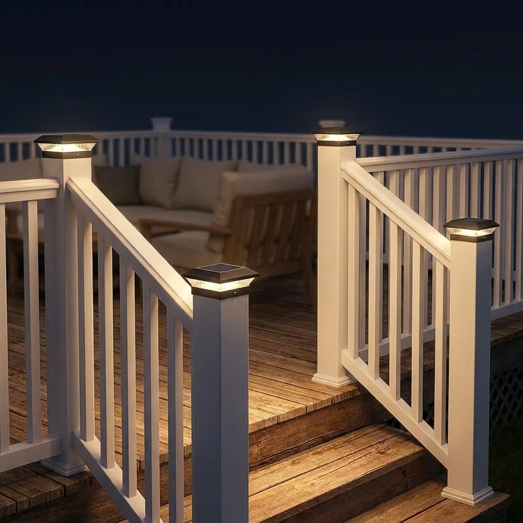 Solar post cap lights on white deck railing posts and stairs at night