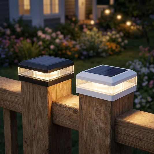 Black and white solar post cap lights glowing warm on a wooden fence at dusk