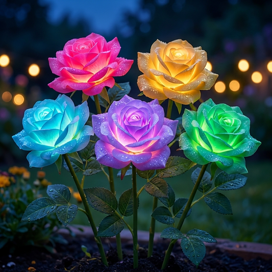 Solar rose lights glowing in seven colours in a garden bed at night