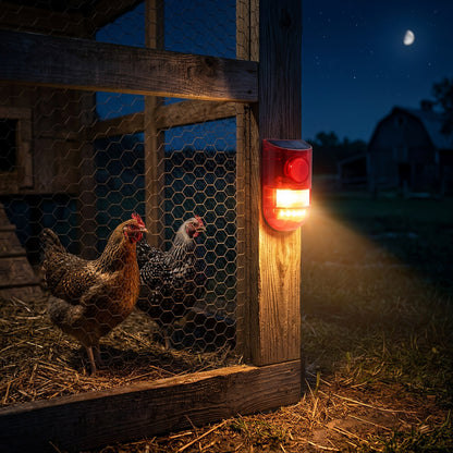 Solar alarm on a chicken coop run at night, strobe lighting the mesh