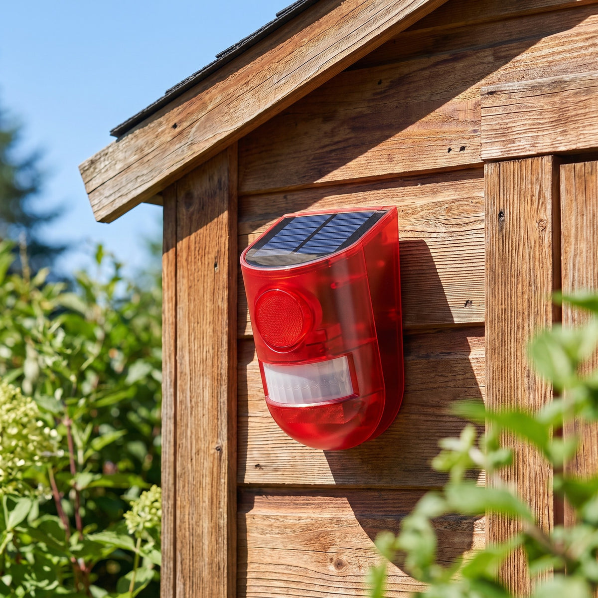 Solar alarm on a cedar shed wall in full sun, solar panel charging