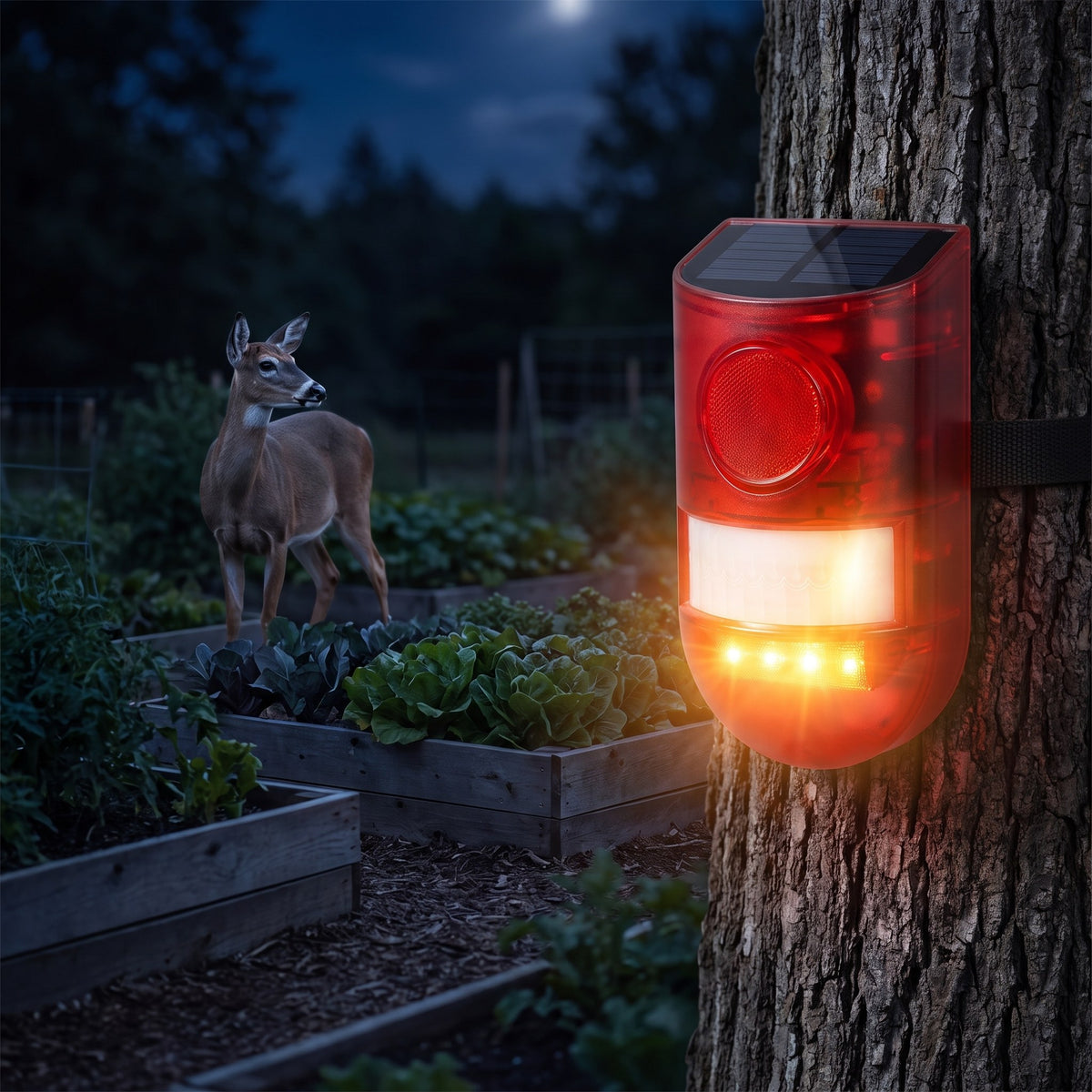 Solar alarm on a tree flashing as a deer backs away from the vegetable beds