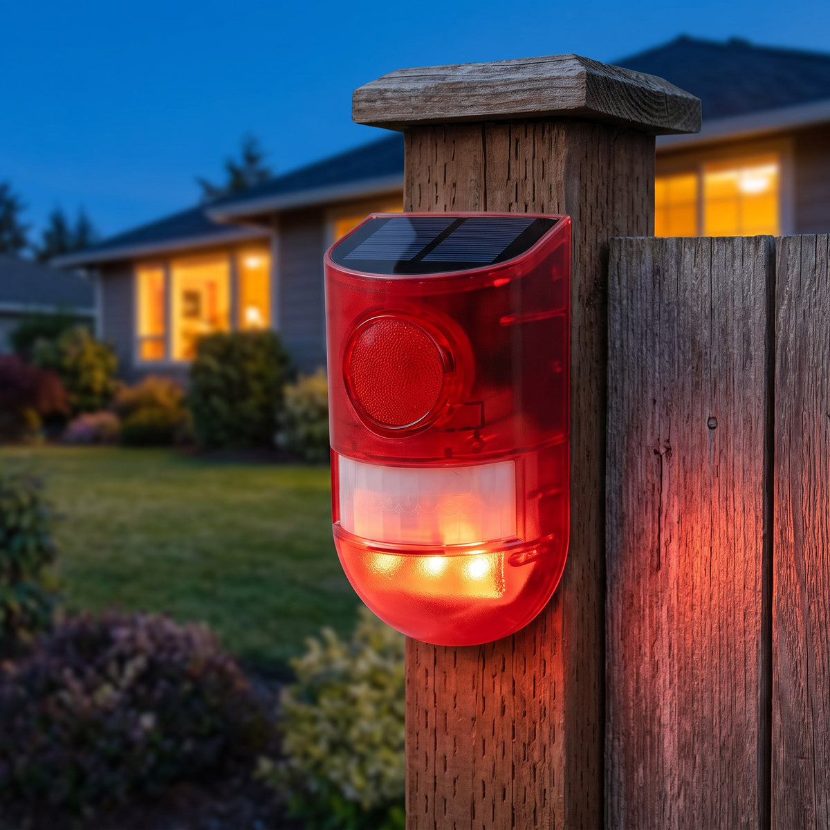 Red solar motion alarm on a garden fence post at dusk, strobe glowing