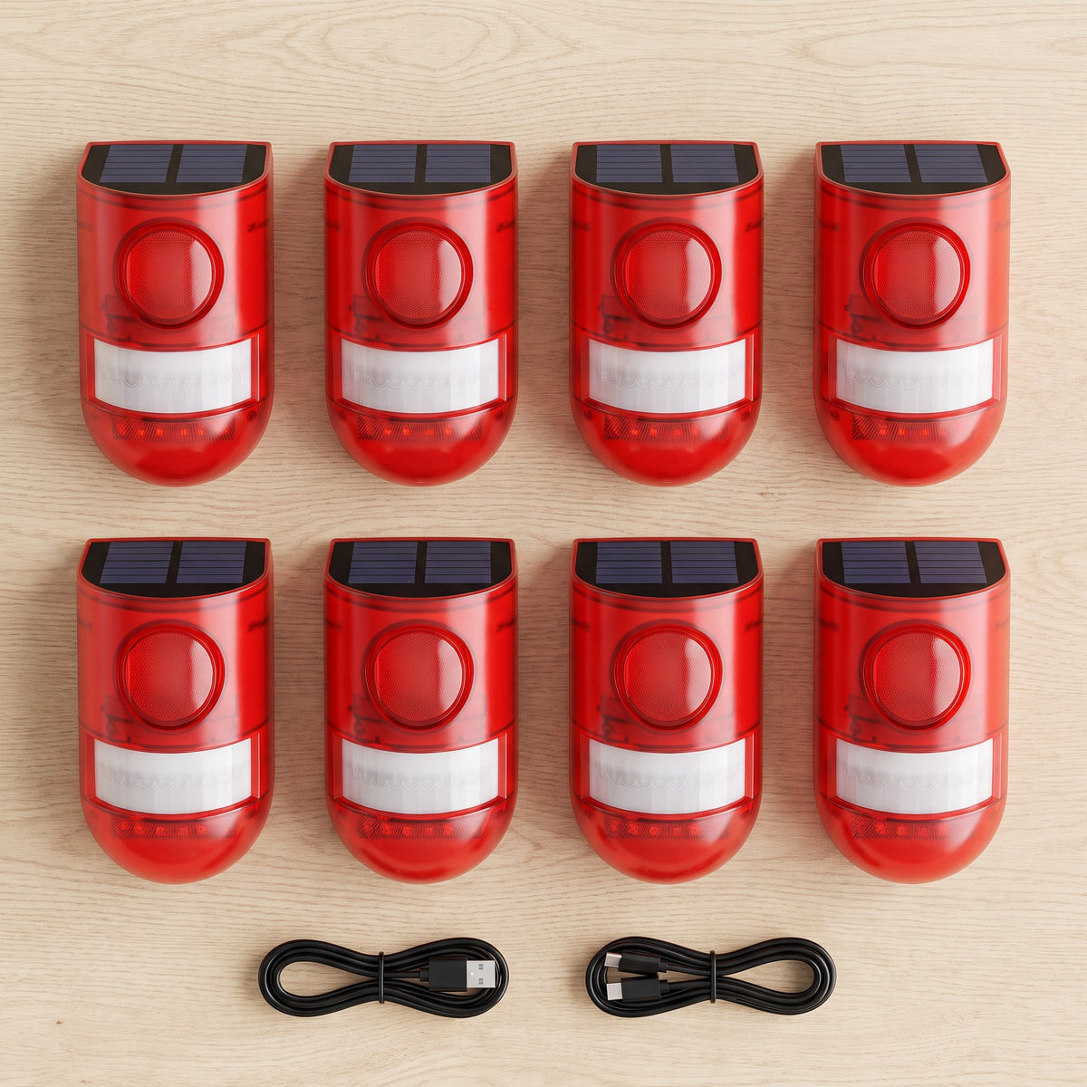 Eight solar motion alarms with USB charging cables