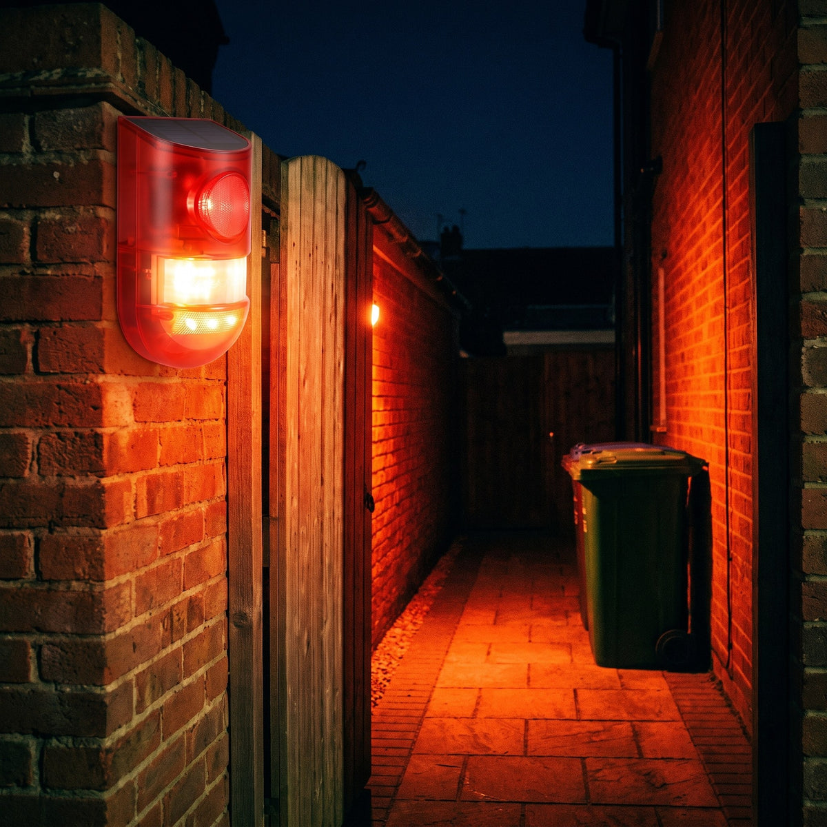 Solar alarm flashing down a dark side passage at night