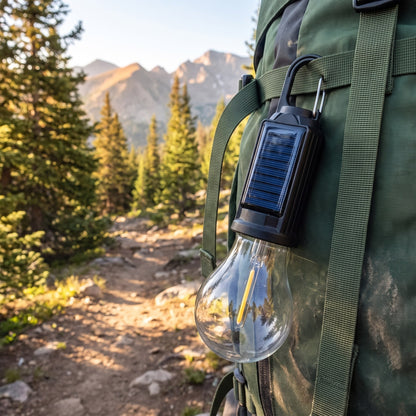 Solar camping bulb light clipped by its carabiner to a hiking backpack on a mountain trail
