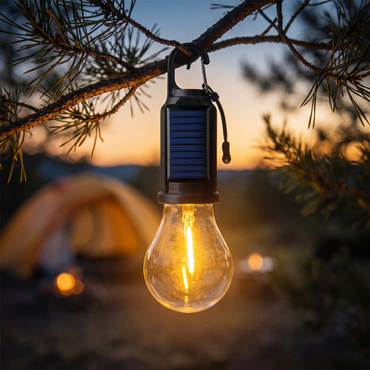 Solar camping bulb light hanging from a pine branch at dusk, warm filament glowing over a campsite