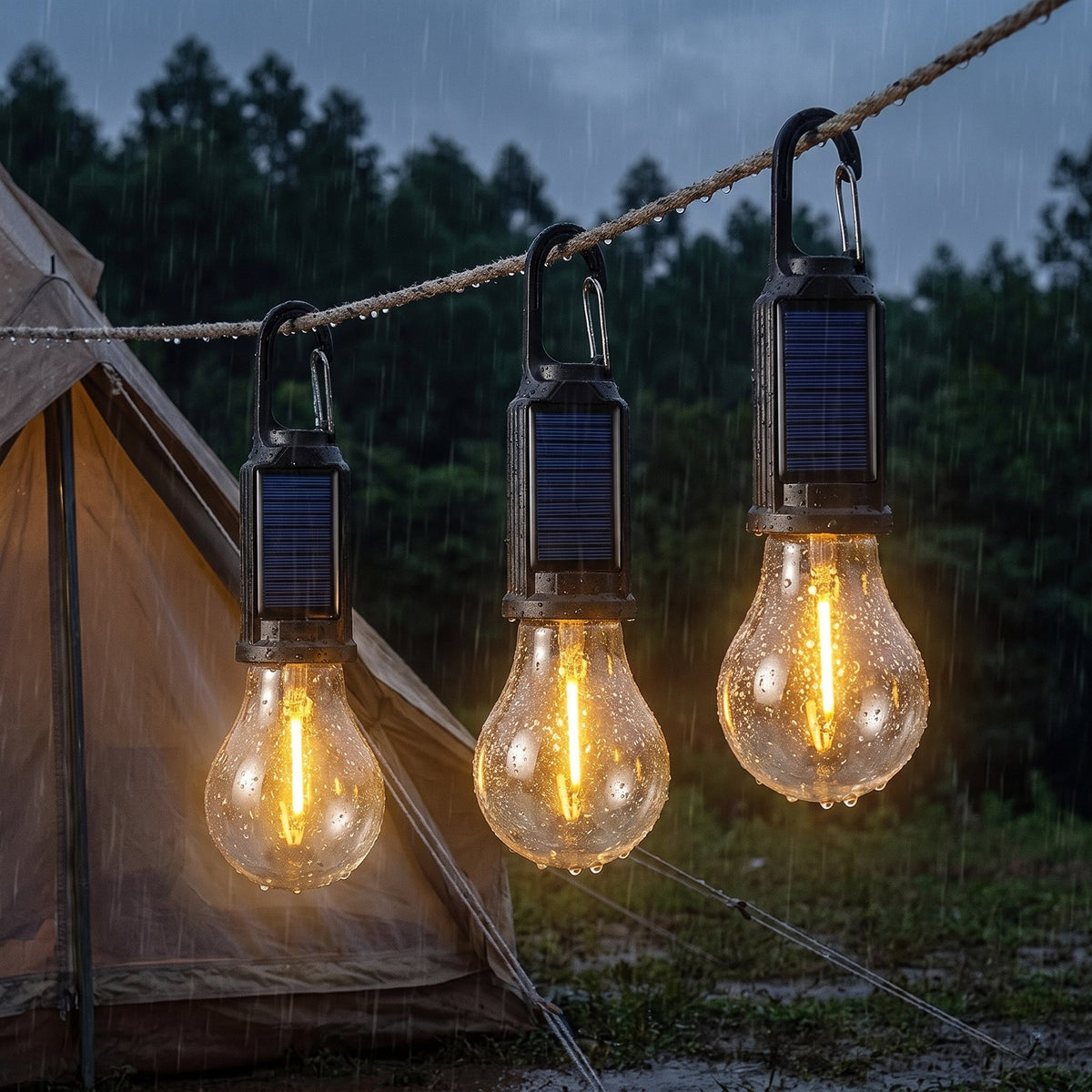 Three solar camping bulb lights clipped to a guy-line in evening rain, water beading on the glass