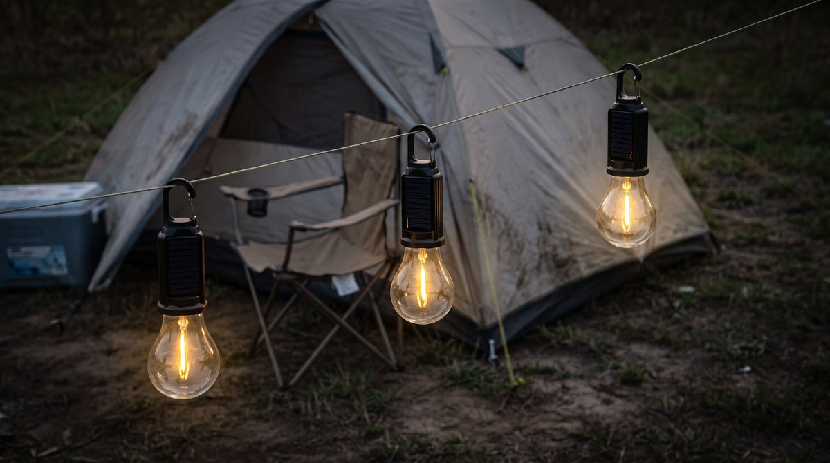 Wide dusk campsite with solar camping bulb lights strung between trees above a tent