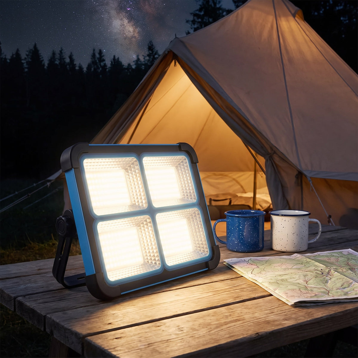 Work light on a wooden camp table outside a tent, glowing warm white