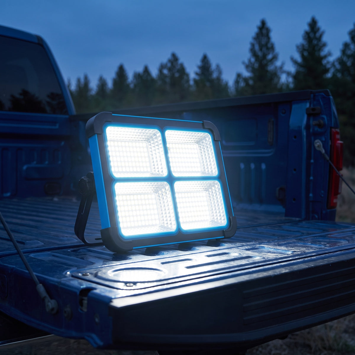 Blue solar LED work light standing on a pickup tailgate at dusk, all four panels lit