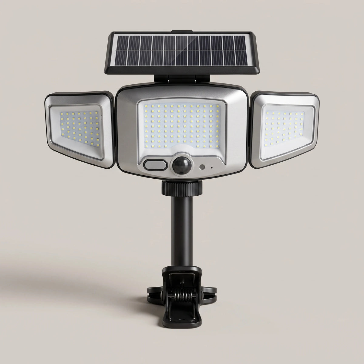 Solar motion sensor flood light with three adjustable LED heads, solar panel and spring clamp mount