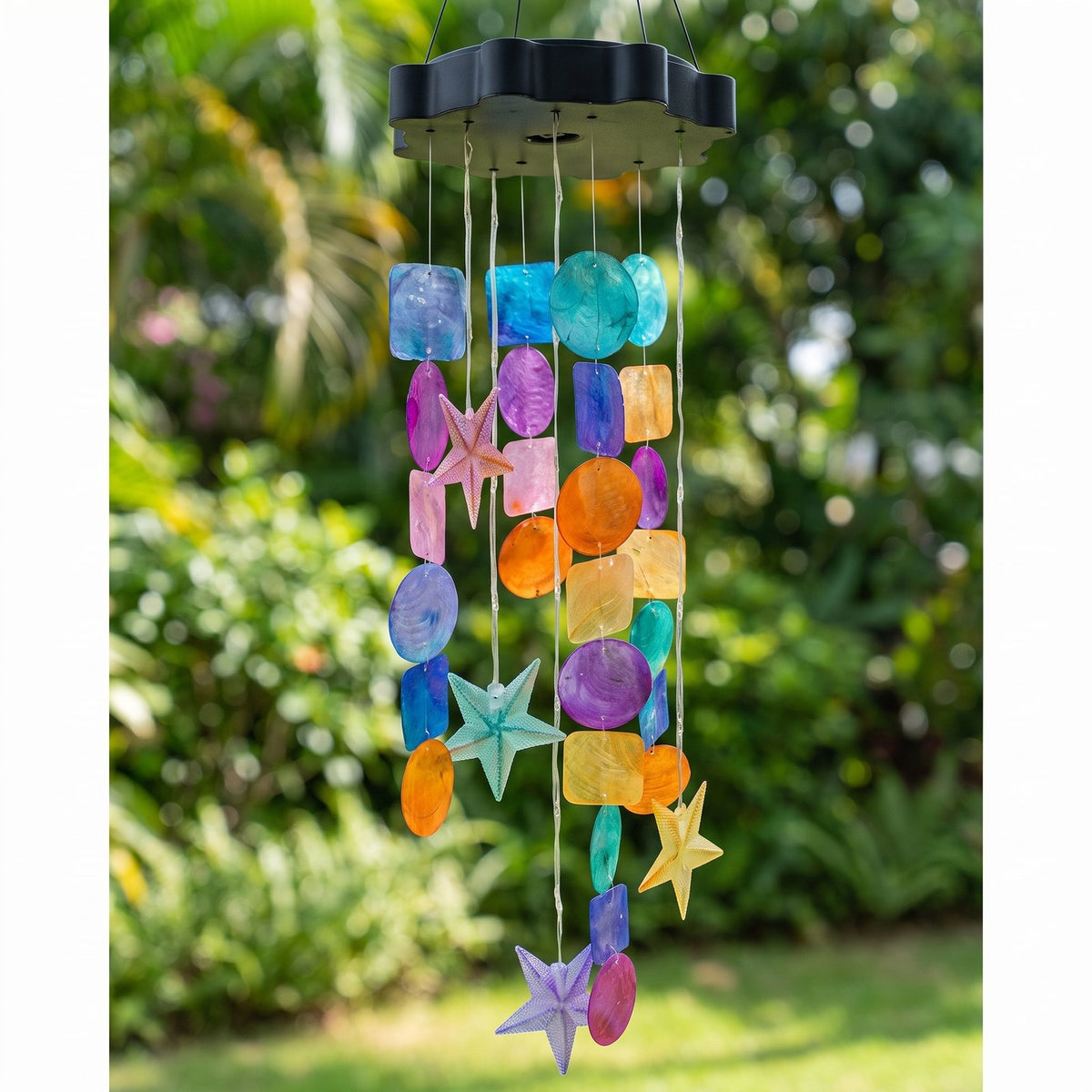 Solar seashell chime in daylight against a garden background