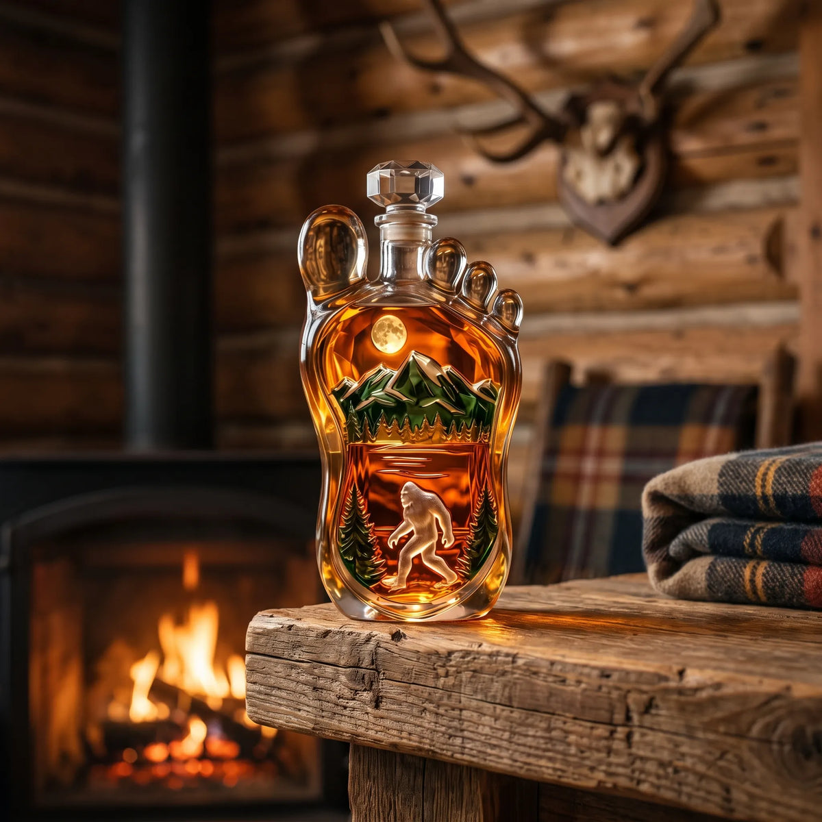 Bigfoot Whiskey Decanter on a home bar beside two whiskey glasses