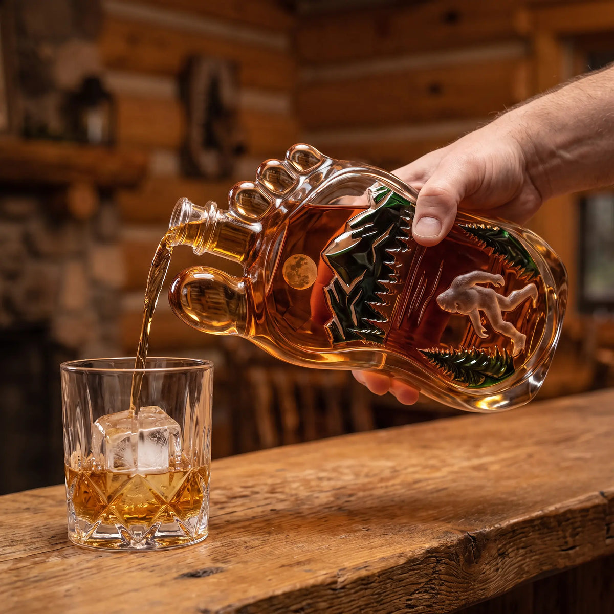 Bigfoot Whiskey Decanter beside an open gift box