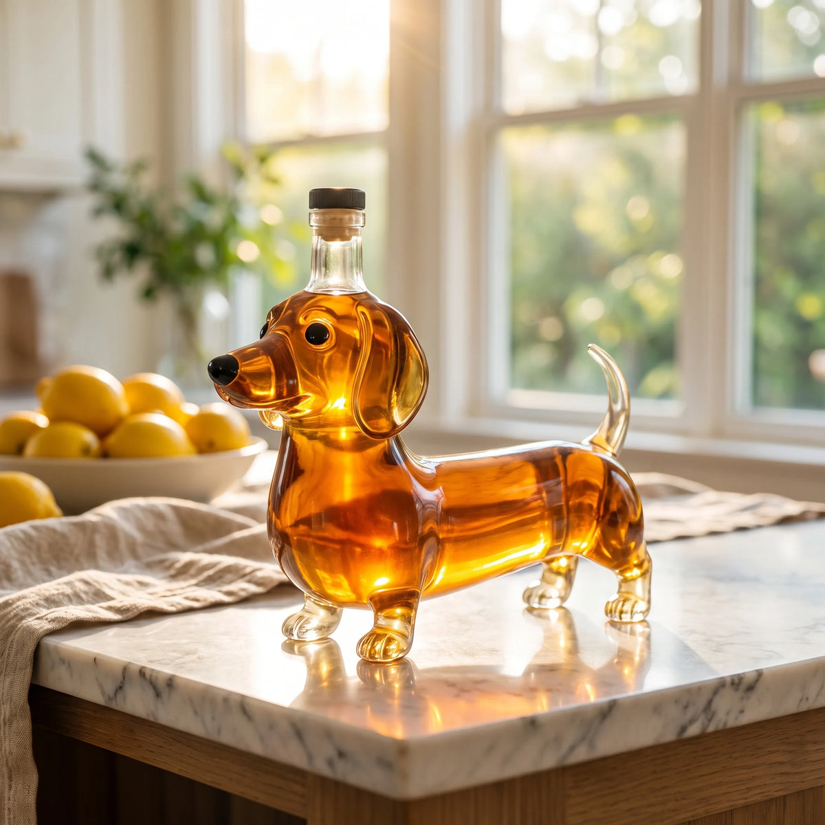 Dachshund Whiskey Decanter on a home bar beside two whiskey glasses