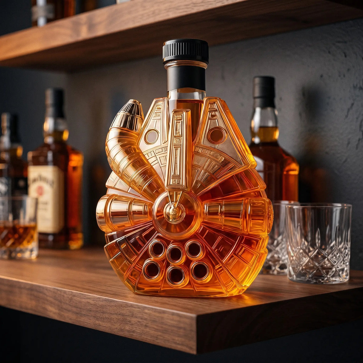 Starship Whiskey Decanter on a home bar beside two whiskey glasses