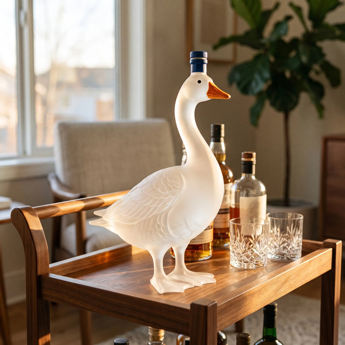 Goose Whiskey Decanter on a home bar beside two whiskey glasses