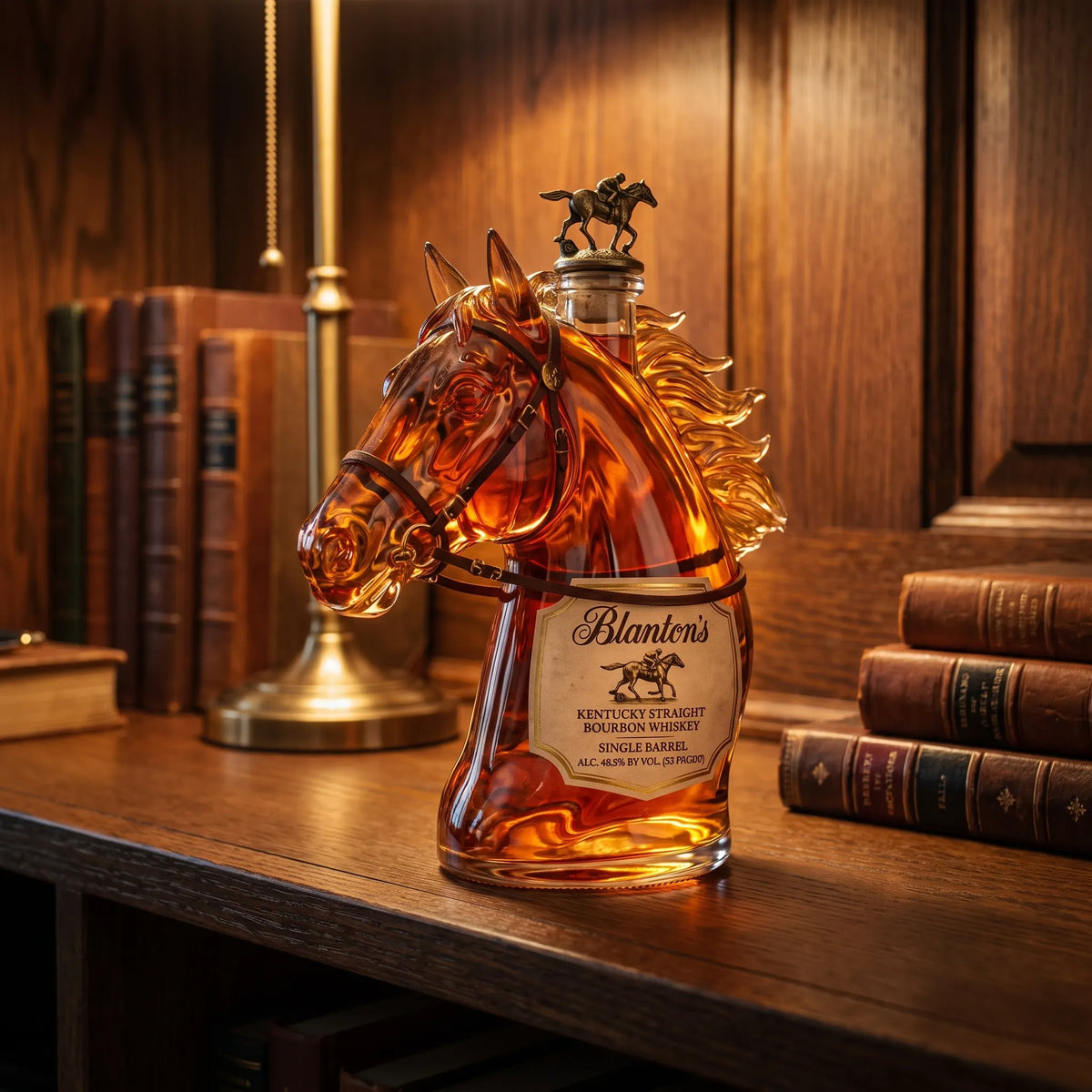 Horse Head Whiskey Decanter on a home bar beside two whiskey glasses