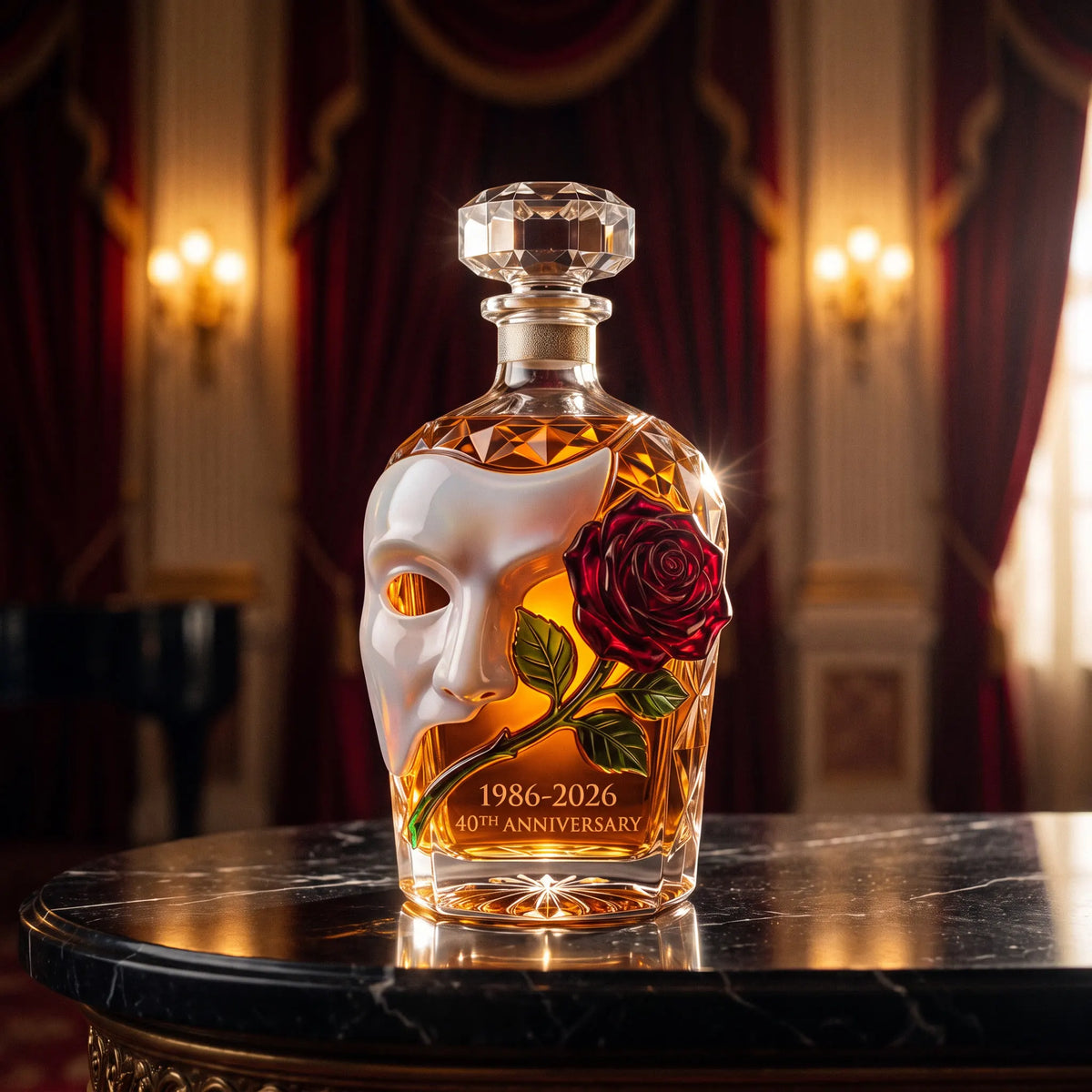 Phantom Mask Whiskey Decanter on a home bar beside two whiskey glasses